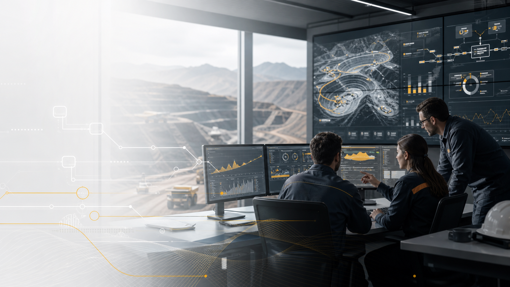 Equipo operativo analizando tableros de control y procesos industriales